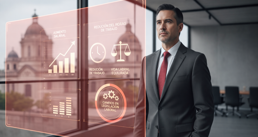 Nuevas reformas laborales en México en un tablero digital con indicadores de aumento salarial, reducción de jornada laboral y cambios en legislación laboral.